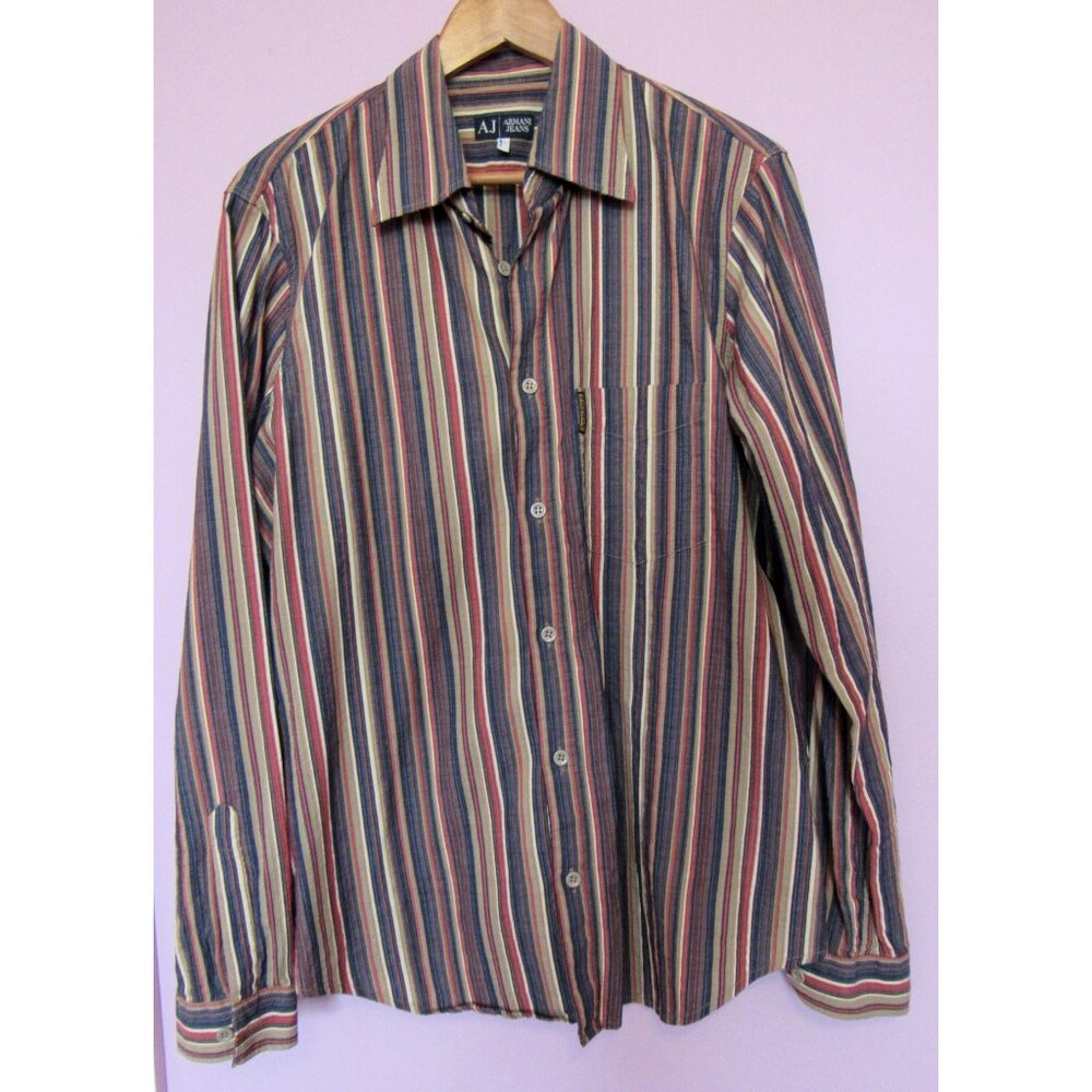 Armani Jeans Men’s Striped Buttown Down Shirt- Size L,Brown/Red,made in Italy